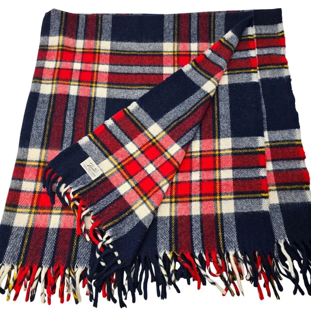 Faribo Fluff Loomed‎ Vintage Wool Plaid Throw Blanket Red Blue Fringe 56x50 USA